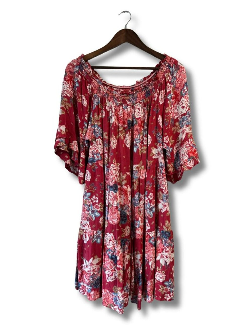 Angie Red Floral Boho Peasant Dress XL Off Shoulder Bell Sleeve